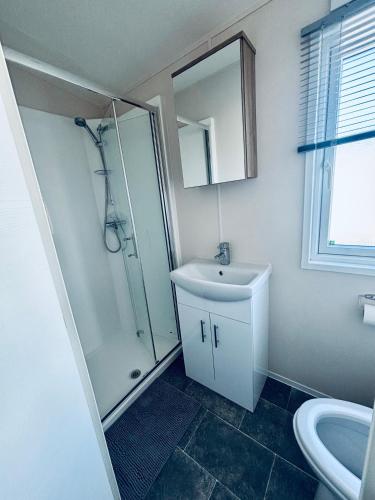 a bathroom with a shower and a sink and a toilet at SEA VIEW CARAVAN Disability friendly in Caister-on-Sea