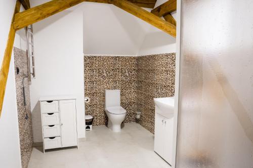 a bathroom with a toilet and a sink at Viešbutis DYVAI in Kupiškis
