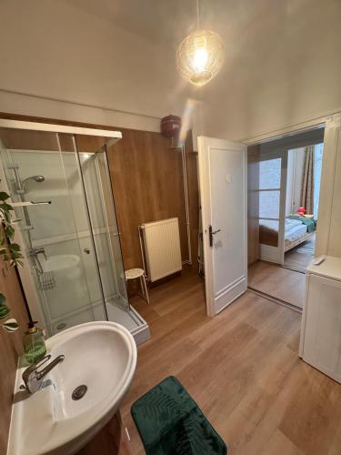 a bathroom with a sink and a mirror at Keltafok Apartman, Balatonföldvár in Balatonföldvár
