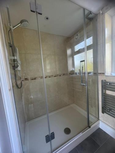a shower with a glass door in a bathroom at Greenbanks 2 Damerham Self Catering in Damerham