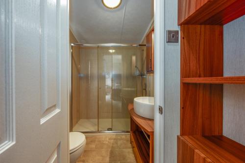 a bathroom with a shower and a toilet and a sink at Rivendale Lodge in Port Seton