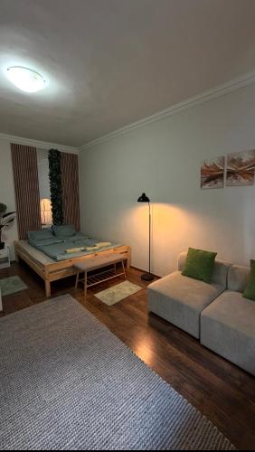 a living room with a couch and a table at Boldog Deluxe apartman in Szolnok