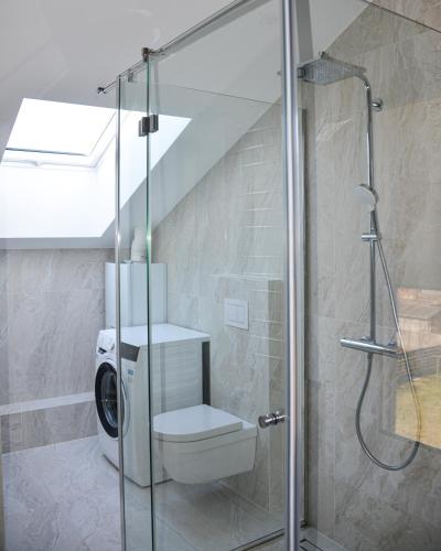 a bathroom with a shower with a toilet and a staircase at Prie jūros in Melnragė
