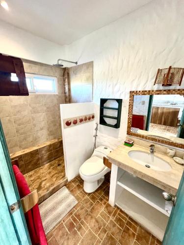 a bathroom with a toilet and a sink and a mirror at Punta Blanca Ocean Suites in Santa Elena