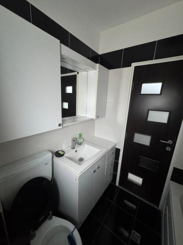a bathroom with a white toilet and a sink at Apartament Yuk in Bragadiru
