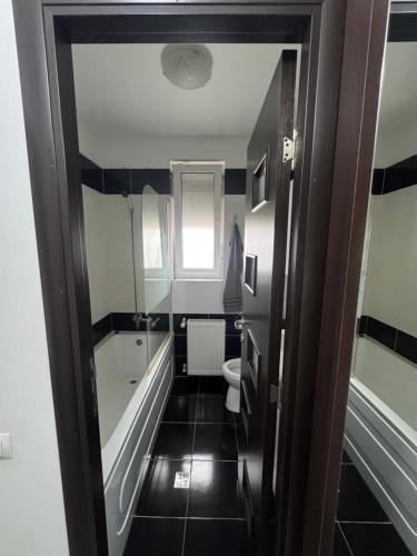 a bathroom with a tub and a toilet and a mirror at Apartament Yuk in Bragadiru