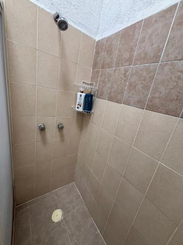 ein Badezimmer mit Dusche und braunen Fliesen in der Unterkunft Casa Cayo in Ixtapa