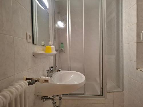 a white sink in a bathroom with a shower at Hotel Zens in Manderscheid