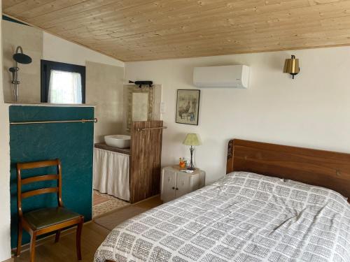 a bedroom with a bed and a chair and a sink at Chambre Lucioles in Orniac