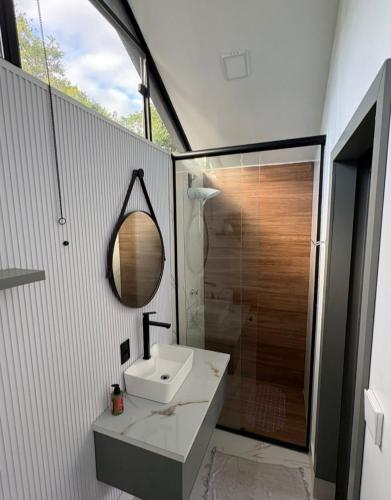 a bathroom with a sink and a shower with a mirror at Chalé Loft in Lavrinhas