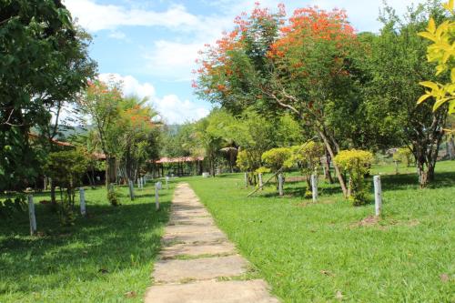a path through a park with trees and grass at Pousada Toca da Raposa in Cavalcante