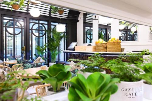 a restaurant with potted plants and tables and windows at Luxury Home VIP Chaila Tower in Baku