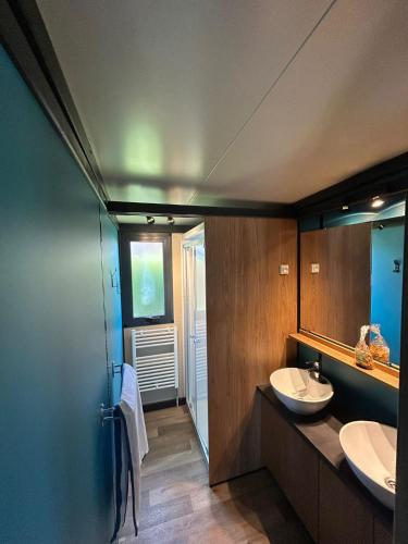 a bathroom with two sinks and a large mirror at Camping Paradis l'Arada Parc in Sonzay