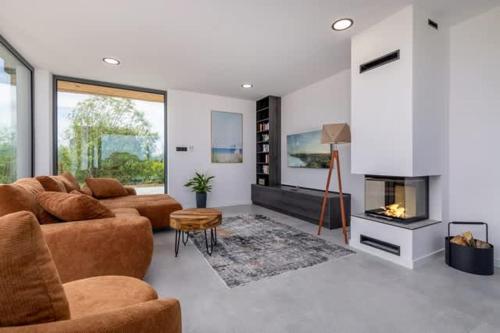 a living room with a couch and a fireplace at Villa Aurora mit Sauna und Whirlpool in Dranske