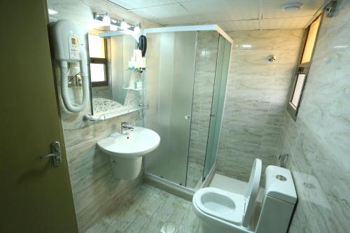 a bathroom with a toilet and a sink and a shower at Sun and Sands Plaza Hotel in Dubai