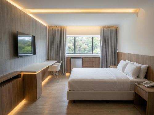 a hotel room with a bed and a desk at Viale Jardins in Foz do Iguaçu