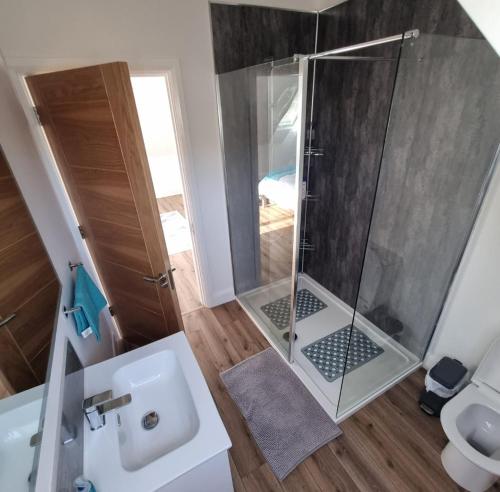 a bathroom with a shower with a sink and a toilet at Beachview Rental in Clare Island
