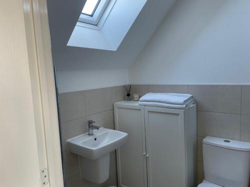a bathroom with a sink and a toilet and a skylight at Waverley 3-Bed Springfields House in Rotherham
