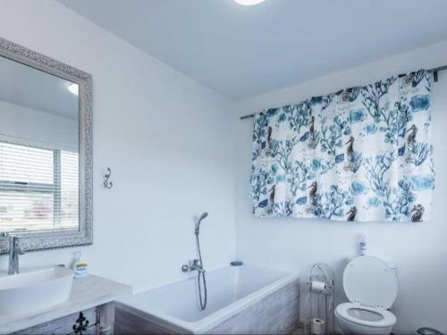 a bathroom with a sink and a toilet and a mirror at Poolstreet 18 in Agulhas