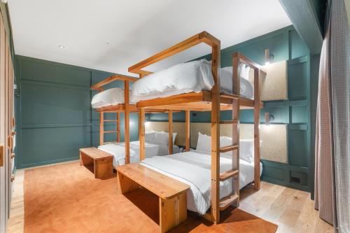 two bunk beds in a room with green walls at Albert Hotel in Fredericksburg