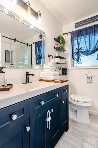 a bathroom with blue cabinets and a sink and a toilet at 3 BR l Quiet Home with Gazebo l 5 min Medical center l Work room in San Antonio