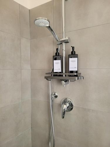 a shower with two bottles on a shelf in a bathroom at Ca' Irene in Stresa