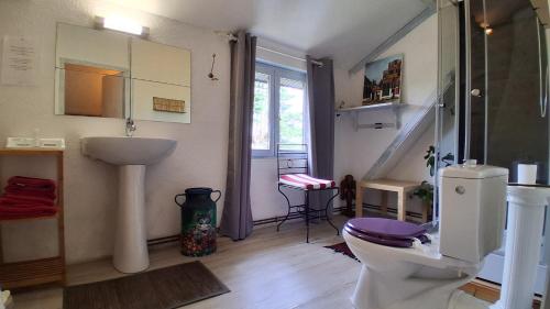 a bathroom with a toilet and a sink and a staircase at Chambre d' hôtes Etigue - Etretat in Les Loges
