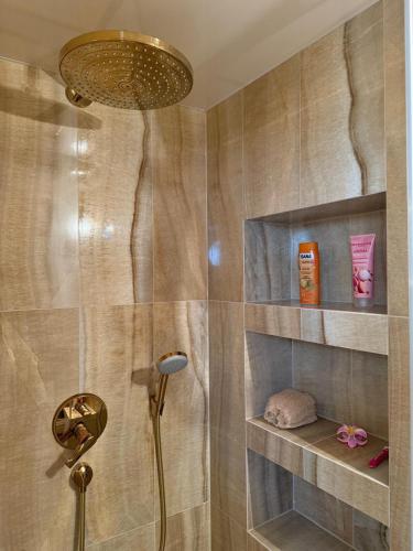 a shower with a shower head in a bathroom at Lily Rose villa in Karlovy Vary