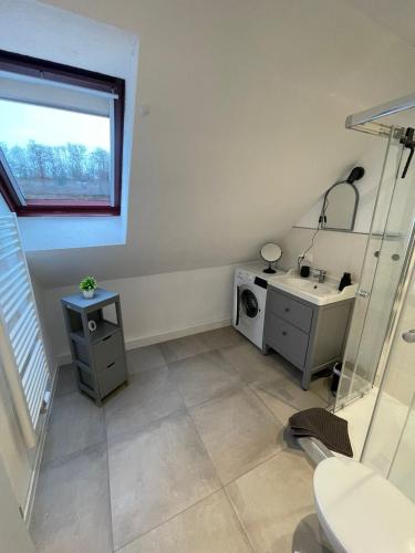 a bathroom with a sink and a washing machine at Branderodaer Ferienwohnung in Baumersroda