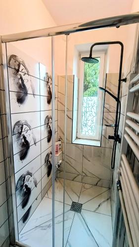 a shower with a glass door in a bathroom at Luna Rooms Oświęcim in Oświęcim