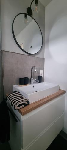 a bathroom with a sink with a mirror above it at Wohlfühlen in Hohberg in Hohberg