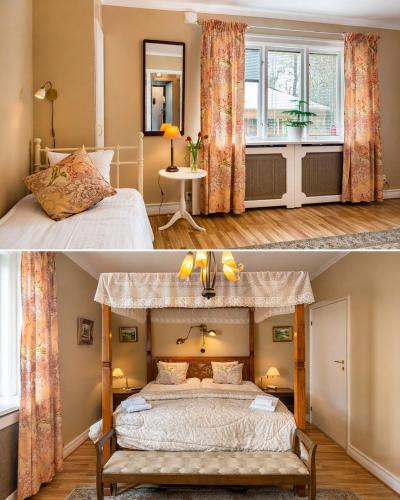 a bedroom with a bed and a room with a window at Furuliden Country Inn in Vittsjö