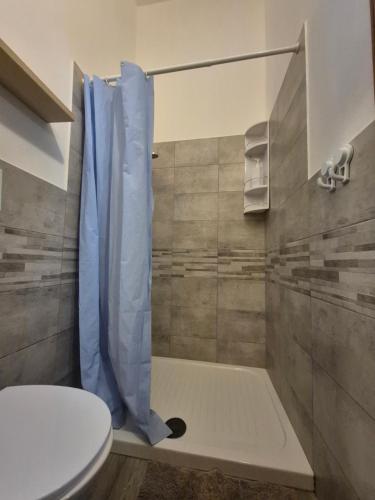 a bathroom with a toilet and a shower with a blue shower curtain at Casa vacanza Monoboito in Quartu SantʼElena