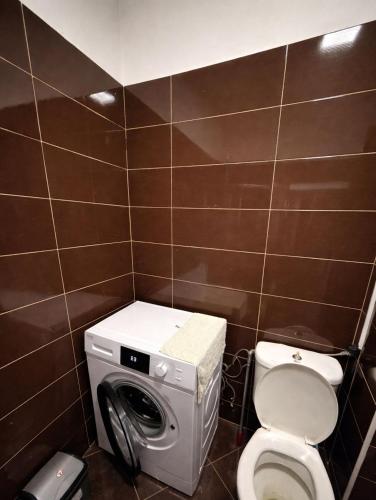 a bathroom with a toilet and a washing machine at Aldi APARTMENTS in Lezhë