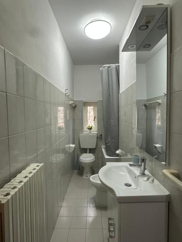 a white bathroom with a sink and a toilet at La rampata in Porretta Terme