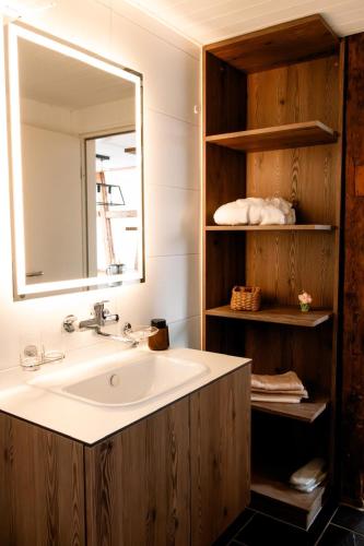 a bathroom with a sink and a mirror at Ferien Wohnung mit Seeblick in Romanshorn