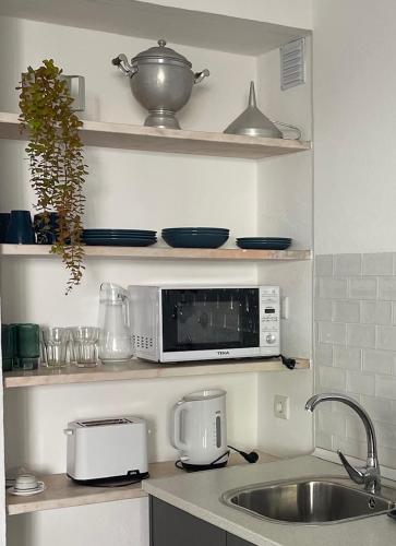 a kitchen counter with a sink and a microwave at d Albuquerque - AL in Ponte de Sor