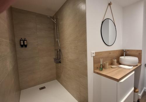 a bathroom with a shower with a sink and a mirror at Les Gîtes de Monte Blanco - Domaine avec chambres d'hôtes et gîtes in Montblanc