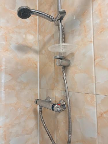 a shower in a bathroom with a shower head at Comfortable en-suite one bed room studio in Oxford