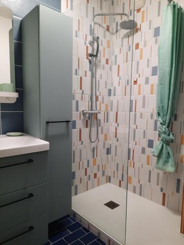 a bathroom with a shower with a glass door at Horizon Marin accès direct plage in Cabourg