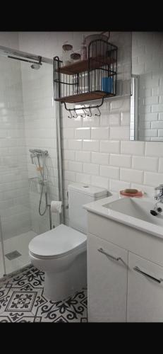 a white bathroom with a toilet and a sink at La Casina de L'Aspu in Luces