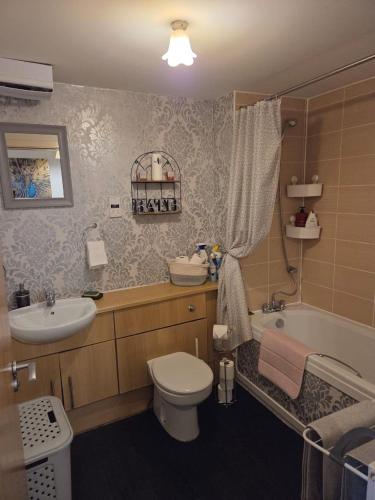 a bathroom with a toilet and a sink and a tub at 2-bed spacious apartment in Falkirk