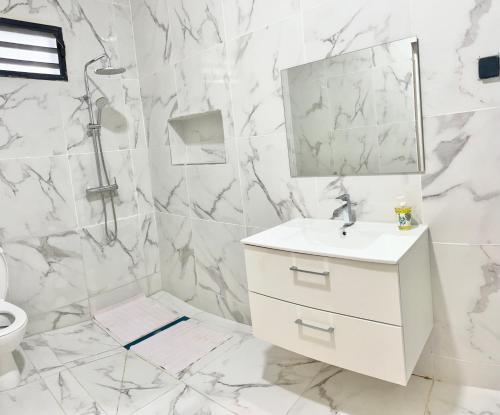 ein weißes Badezimmer mit Waschbecken und Spiegel in der Unterkunft Villa Côte d Azur - 4 chambres, 4 TV, 4 salles de bain privatives - Internet Netflix in Mtsamboro