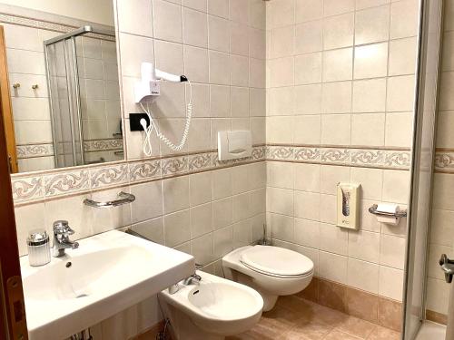 a bathroom with a sink and a toilet and a mirror at Garnì Stella Alpina in Canazei