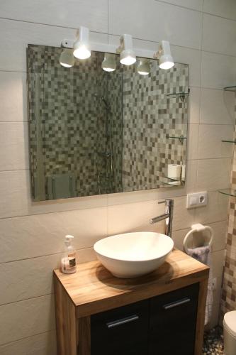 a bathroom with a white sink and a mirror at Cal Marcos in Torregrosa