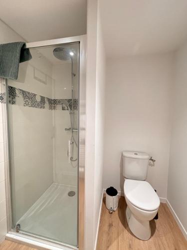 a bathroom with a toilet and a glass shower at Studio Le Dolmen Château-Larcher Arrivée autonome in Château-Larcher