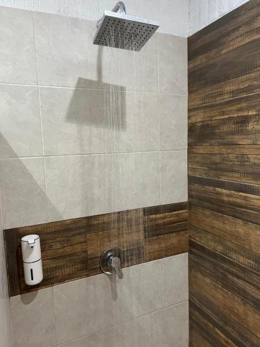 a shower with a shower head in a bathroom at Cabaña el Anhelo Calma in Ginebra