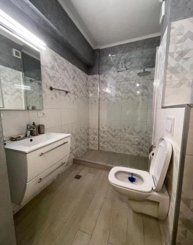 a bathroom with a toilet and a sink and a shower at Sunny Studio Mamaia Nord in Mamaia Sat/Năvodari