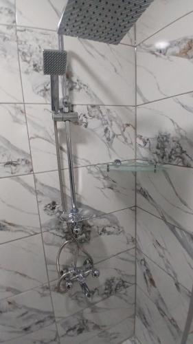 a shower in a bathroom with a glass wall at Апартамент за гости Вамсон in Velingrad