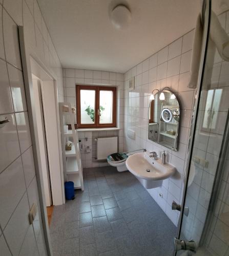 a bathroom with a sink and a toilet at Richters Alpen Appartement in Buchenberg